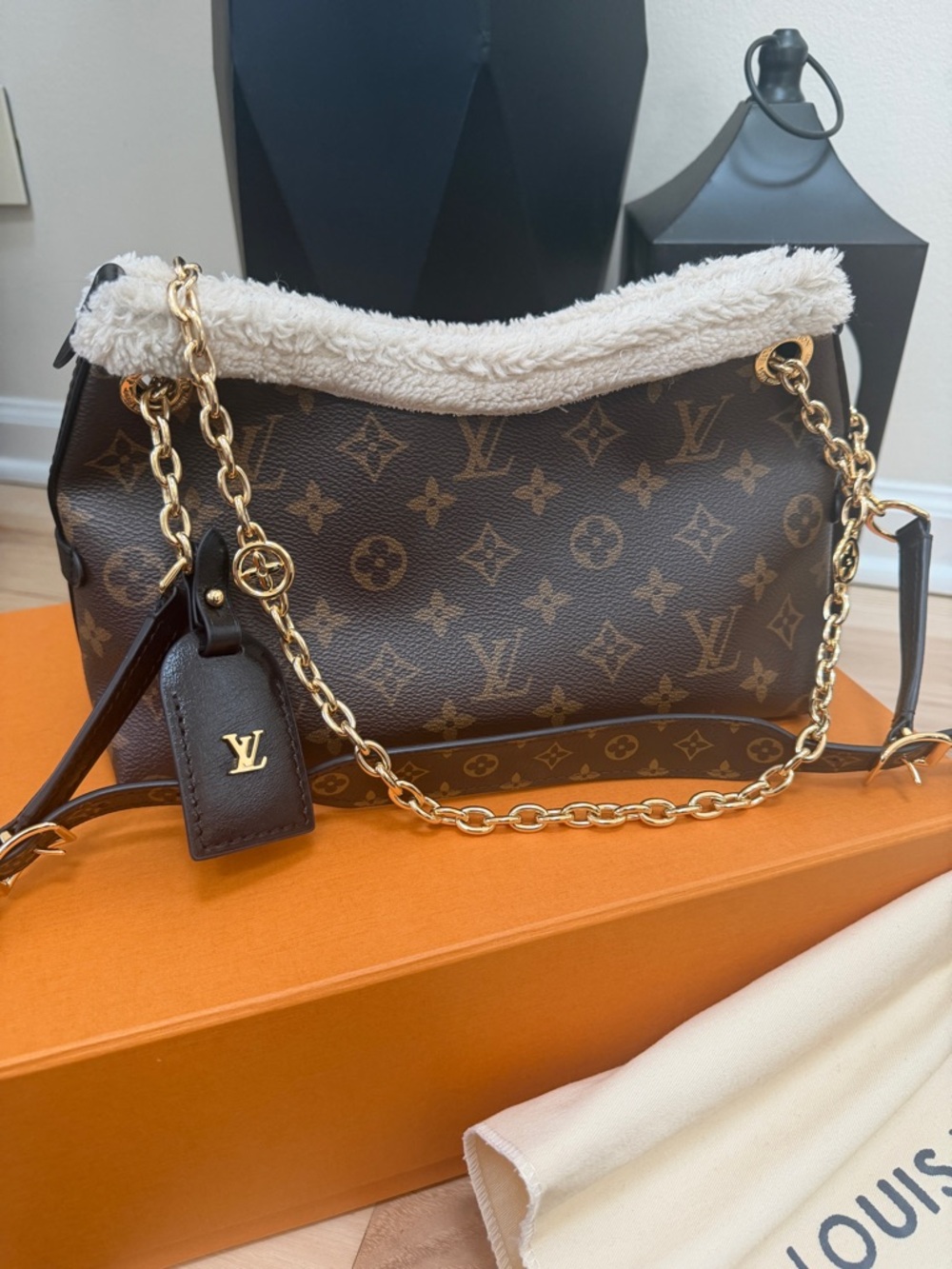 Luxury Brown Monogram Shearling-Trim Shoulder Bag
